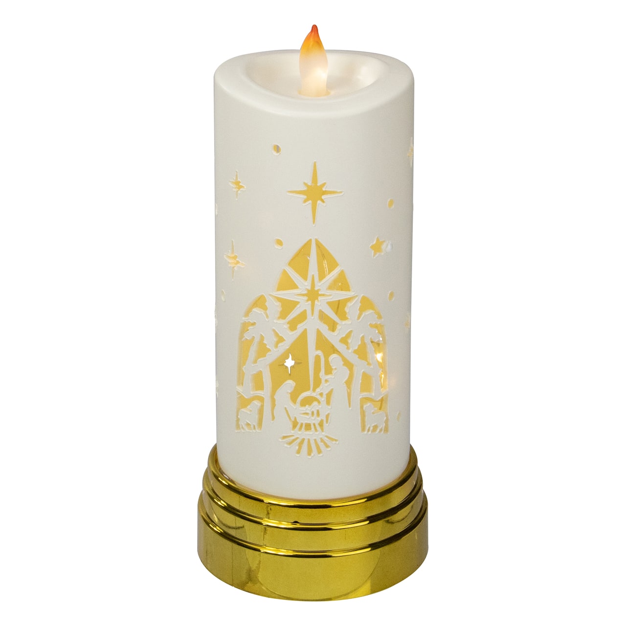 9" Gold & White Nativity Scene Flameless Candle